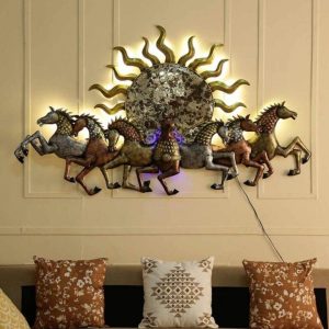 48 Inches 7 Horses with Sun Metal Wall Art