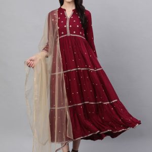 Maroon Solid Embroidered Mandarin Collar Viscose Rayon Maxi Dress With Dupatta