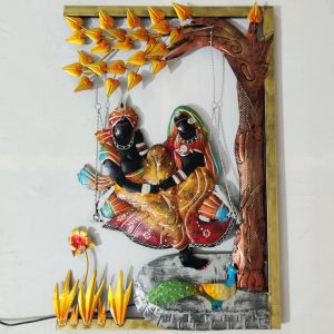 Radhe Krishna Elegant Metal Wall Art with LED (20 x 30 Inches)
