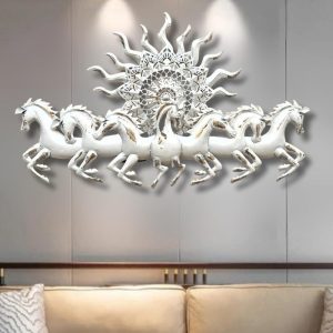 Designer White 7 Horse in Sun Metal Wall Art with LED (48 x 28 Inches)