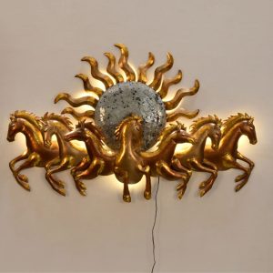 Gold 7 Horses with Sun Metal Wall Art for living room (48 x 27 Inches)